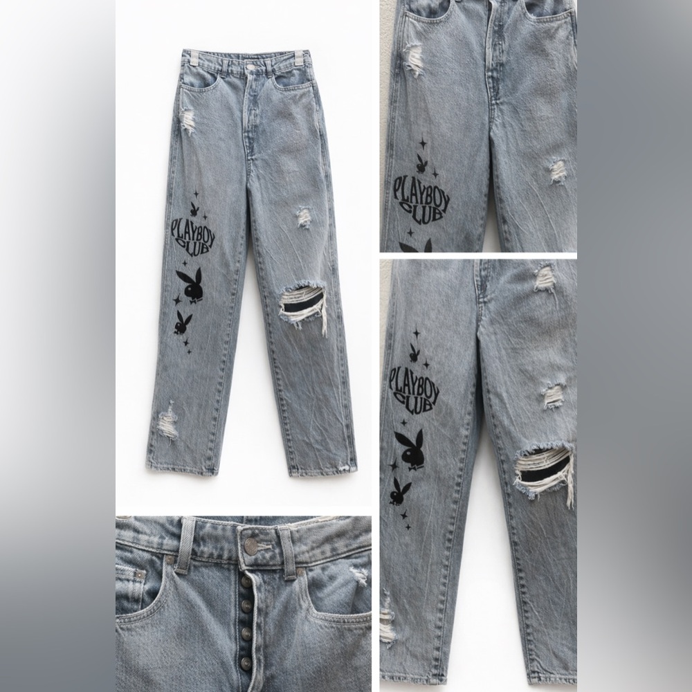 PLAYBOY Gray Distressed Straight-Leg Jeans with Black Logo Prints